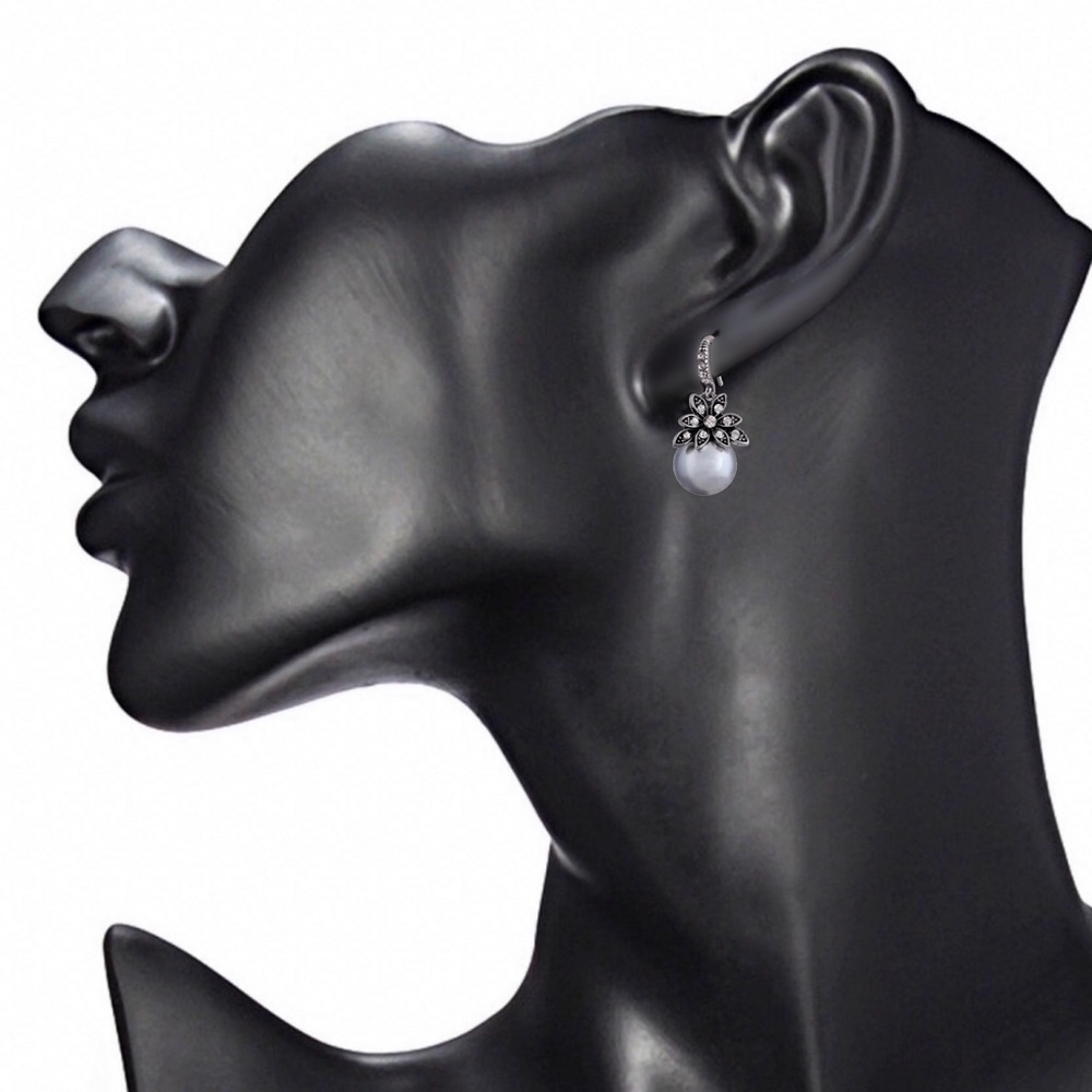 Marcasite Flowers w/CZs & Glass Pearl Earrings - Picture 5 of 7